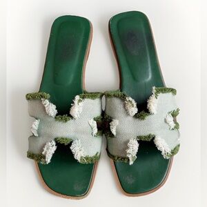 Hermes fringed linen canvas oran H sandals slides green 39